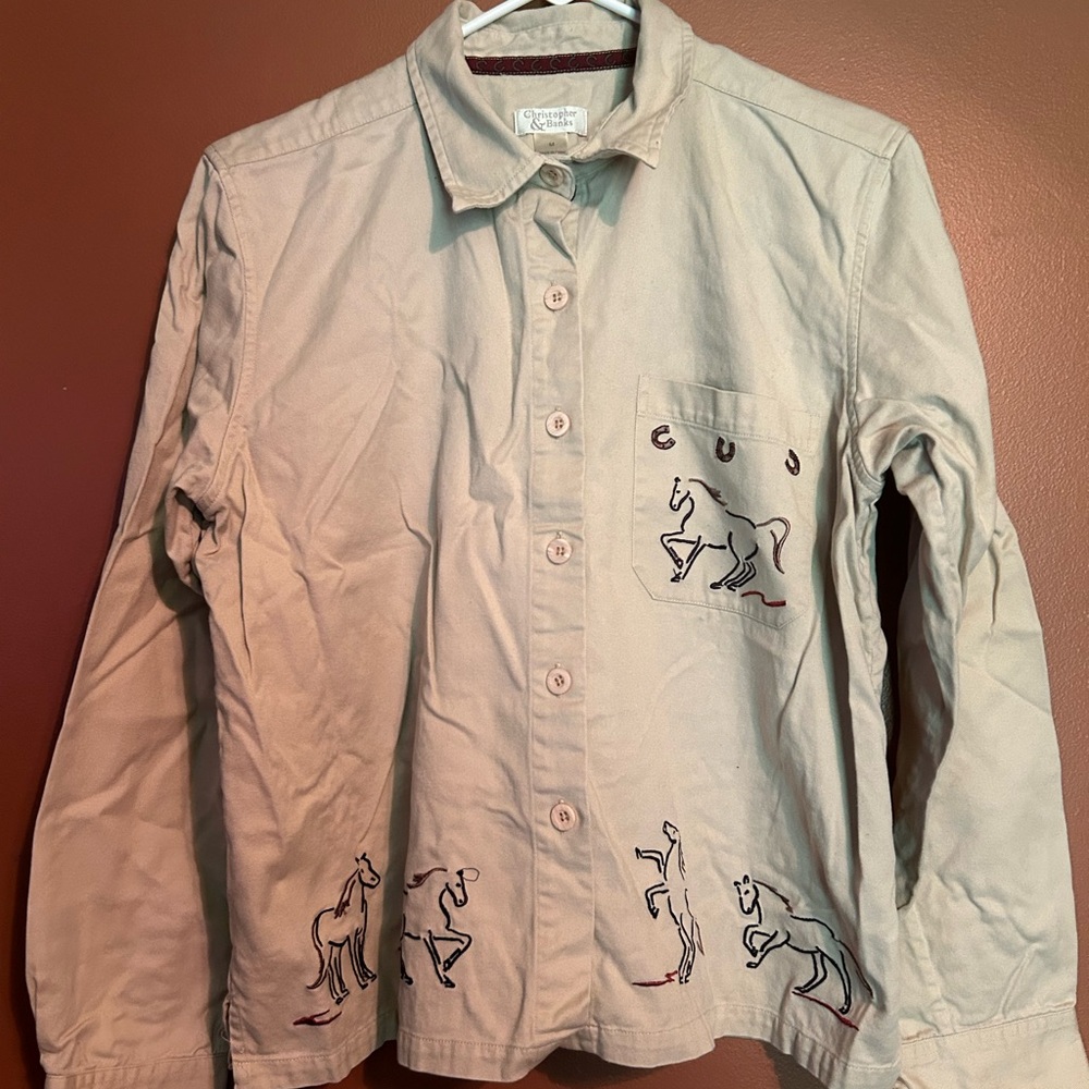 Christopher & banks tan button up shirt